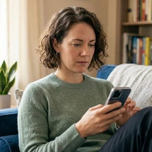 a woman at home looking at a phone