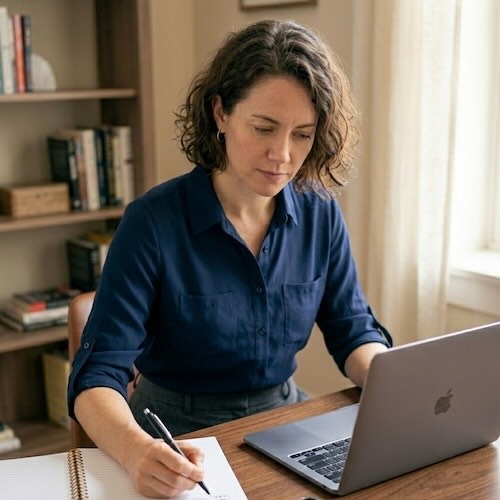 the same woman at home looking at a laptop