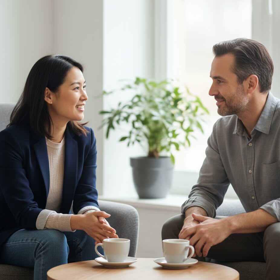 man and woman speaking with cups in front