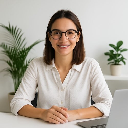 smiling professional woman looking directly at us