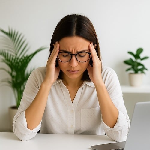 woman looking tired at a messy desk